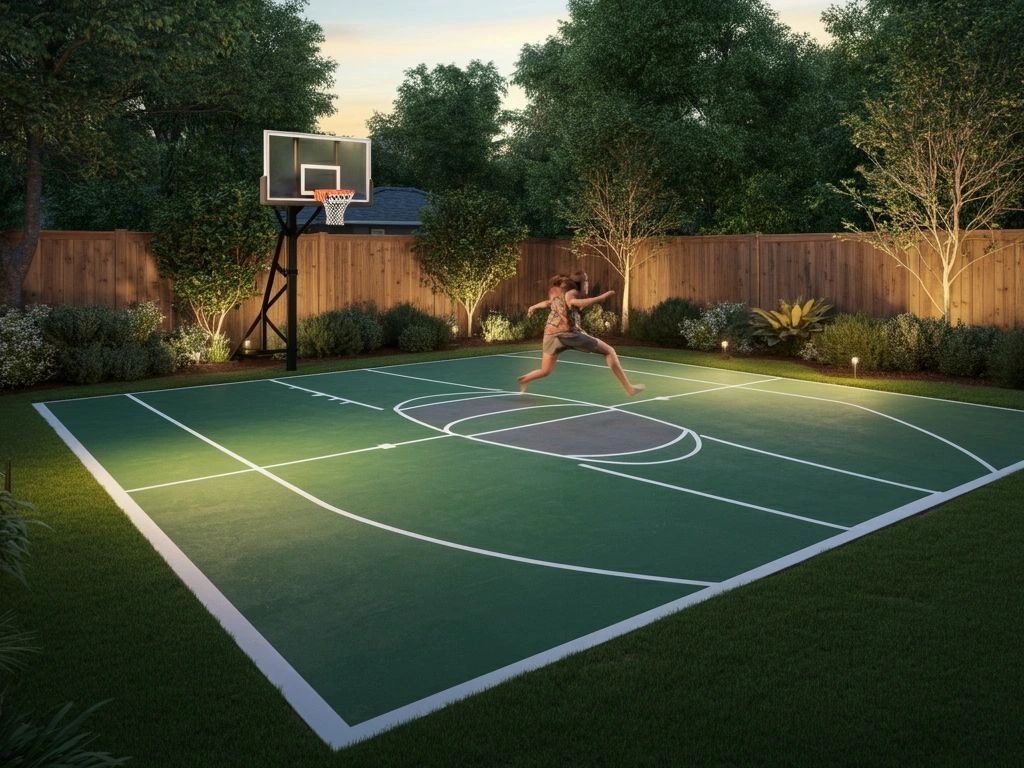 Custom backyard sport court at dusk in Marin County